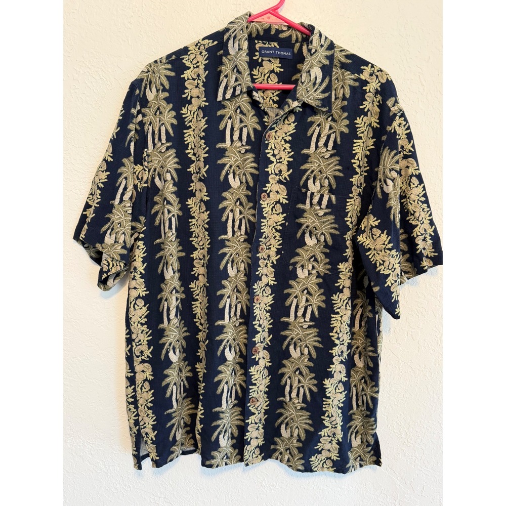 Grant Thomas Mens Large Silk Palm Tree Tropical Camp Shirt Navy Blue SS